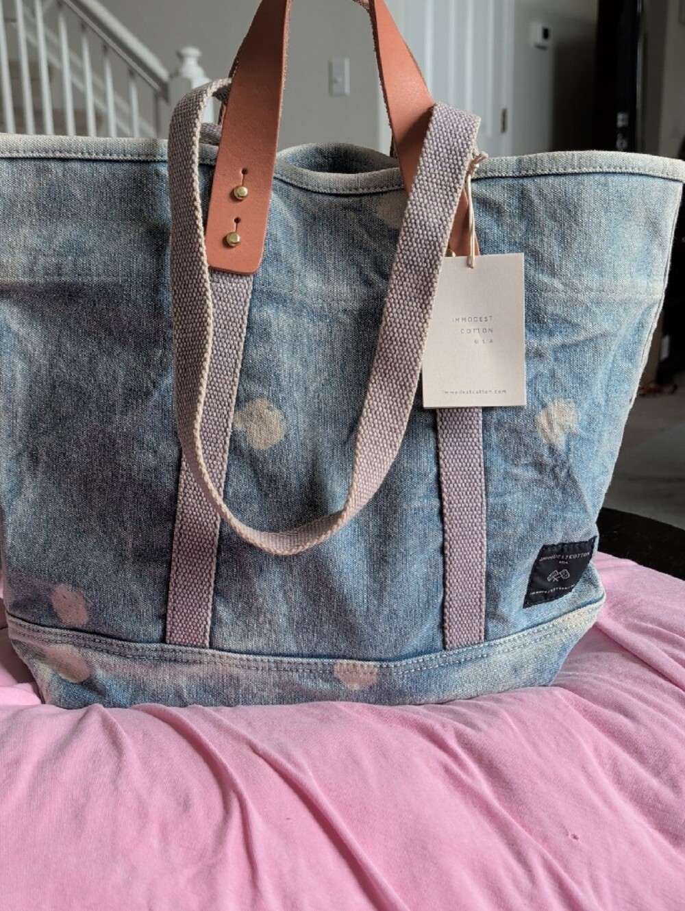 Immodest Cotton Washed Blue Denim Tote with Pink Accents and Leather Handles - Picture 5 of 7